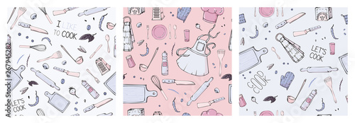 Set of hand drawn seamless pattern with Kitchen Utensils. Original doodle style drawing for actual design.