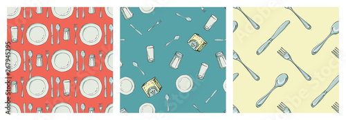 Set of hand drawn seamless pattern with Kitchen Utensils. Original doodle style drawing for actual design.