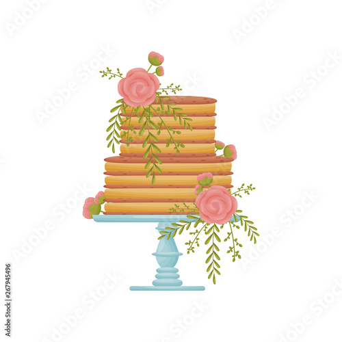 Two-tier striped caramel cake on a blue stand with a leg. Vector illustration on white background.