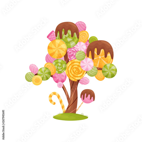 Fabulous tree with colorful candies on the branches. Vector illustration on white background.