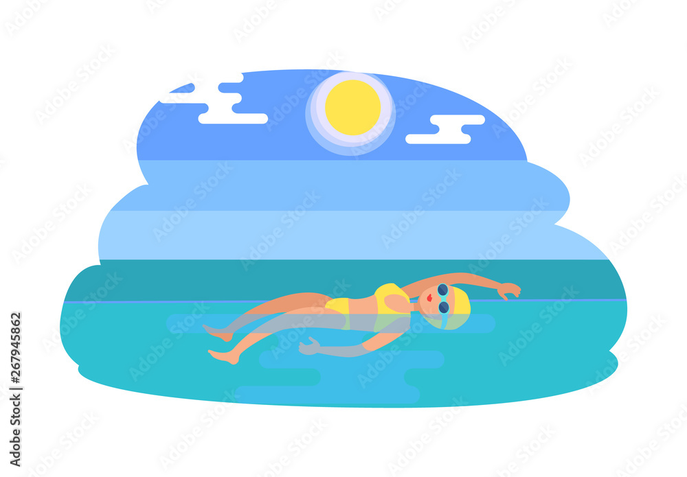 Backstroke technique swimmer woman stroke style isolated vector. Water sport of lady wearing bathing suit, professional sportswoman training in sea Backstroke technique swimmer woman stroke style isolated vector. Water sport of lady wearing bathing suit, professional sportswoman training in sea
