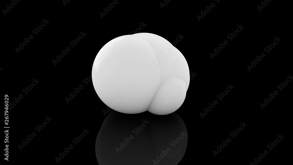 3D rendering of a white ball on a black background from which many white spheres are squeezed out. The idea of fission, chemical reaction, atomic decay. A beautiful illustration of the perfect spheres