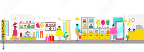 Clothing store with counter and clothes vector, shelves with shoes and dress, hat and sweaters, jewelry and accessories for ladies, womans shopping center