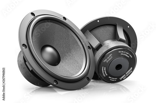 Two black HI-Fi loudspeakers isolated on white background photo
