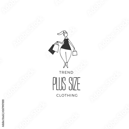 Attractive overweight woman on shopping. Hand drawn vector logo template. Body positive, plus size concept.