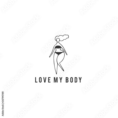 Plus size concept, body positive. Overweight woman in underwear. Vector hand drawn logo template.