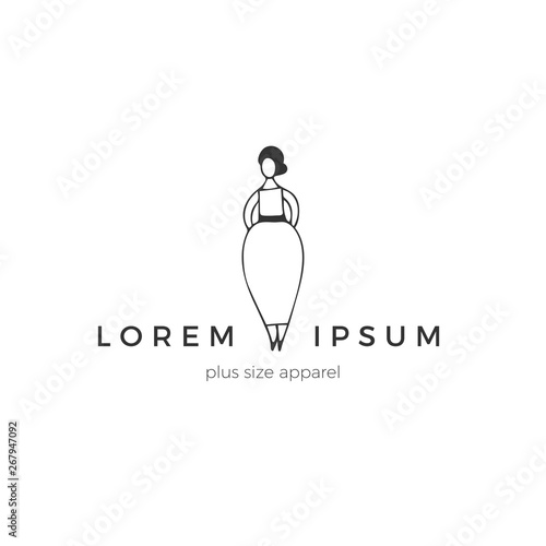 Attractive overweight woman in an elegant dress. Body positive, plus size concept. Hand drawn vector logo template.