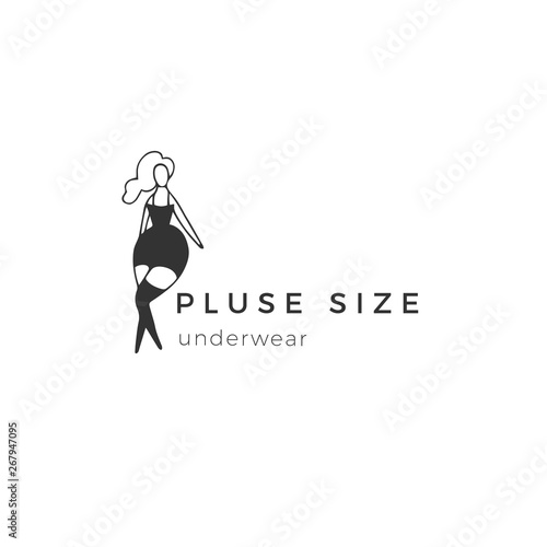 Attractive happy overweight woman. Hand drawn vector logo template. Body positive, plus size concept.