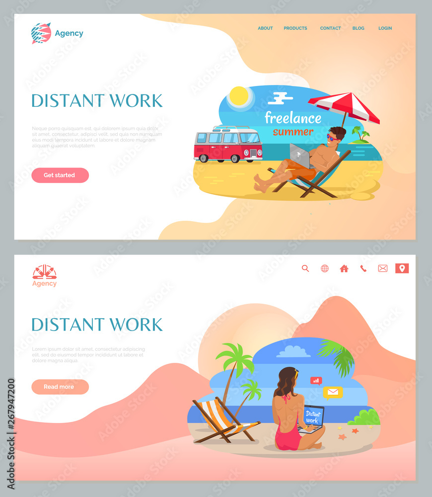 Fototapeta premium Freelance and distant online work set, people sitting on sand, using laptop on beach, ocean view. Freelancers and wireless device, summer vector. Website or webpage template, landing page flat style