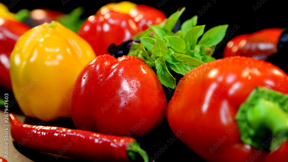 Dew drops on red and yellow pepper Dew drops on red and yellow pepper
