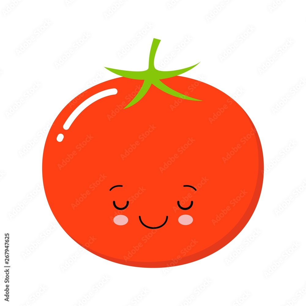 Happy cute smiling tomato. Vector flat cartoon character illustration icon. Isolated on white background. Cute tomato vegetable character concept Happy cute smiling tomato. Vector flat cartoon character illustration icon. Isolated on white background. Cute tomato vegetable character concept
