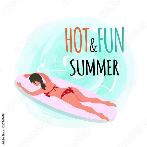 Hot and fun summer emblem, woman swimming on surfboard isolated on blue sea waters. Vector surfboarder relaxing on summer resort, rest on inflatable mattress