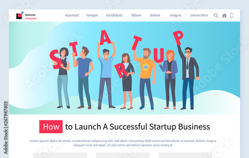 How to launch successful business vector, people with letters making up startup word. Coworkers working on project, successful teamwork activity. Website or webpage template, landing page flat style