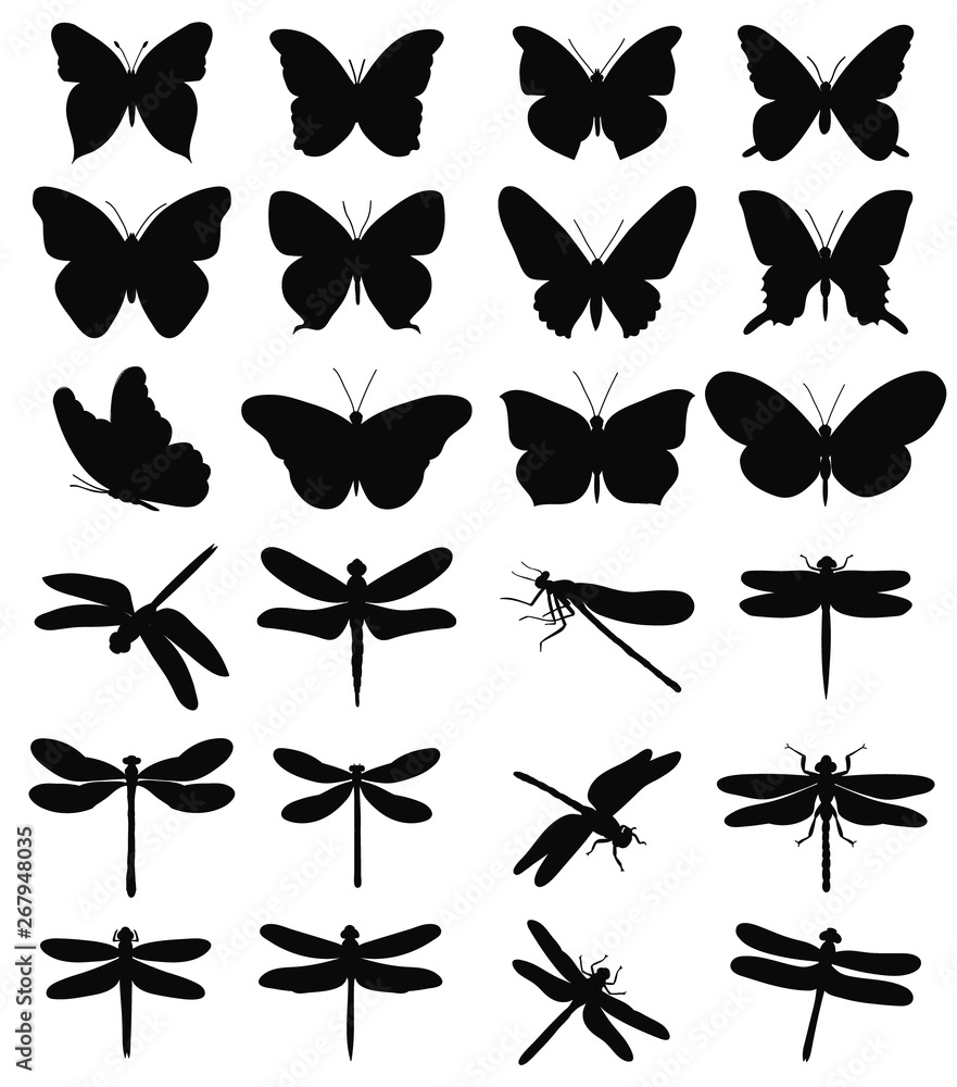 vector, isolated, set of butterflies and dragonflies silhouettes on white background vector, isolated, set of butterflies and dragonflies silhouettes on white background