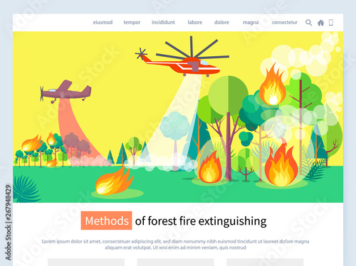 Methods of forest fire extinguishing vector, helicopters and flames in wood, trees and flora in dangerous condition, people fighting disaster. Website or webpage template, landing page flat style
