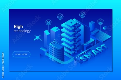 Smart city vector isometric illustration. Intelligent buildings.