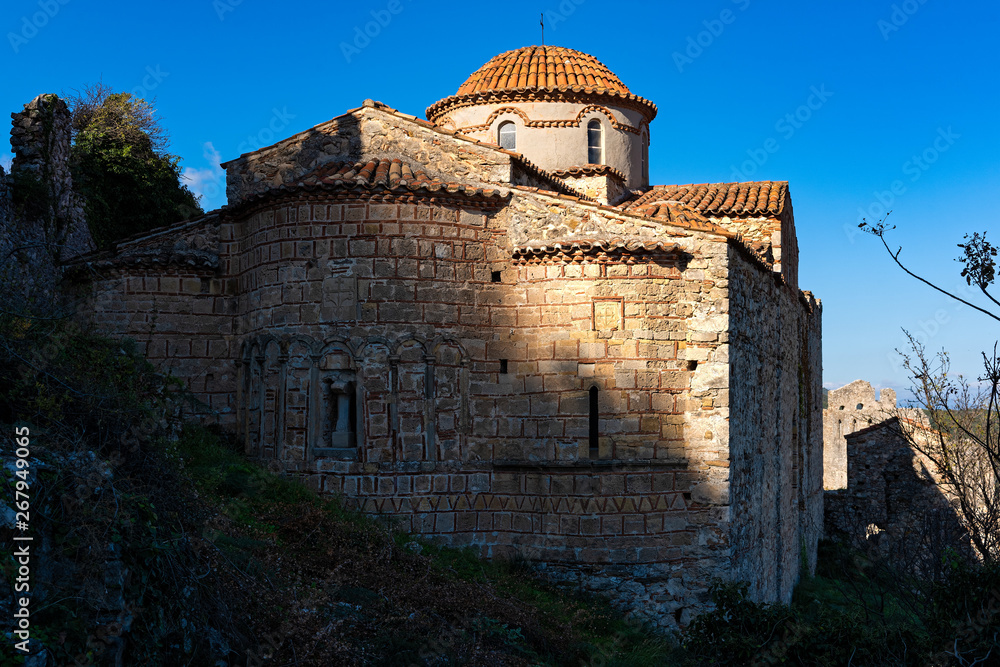 Part of the byzantine archaeological site of Mystras in Peloponnese, Greece. View of the Church of Saint Nikolaos in the middle city of ancient Mystras