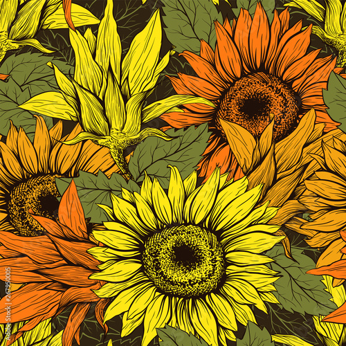Sunflower hand drawn seamless vector pattern. Floral ink pen color texture. Sketch flowers color illustration. Helianthus vintage freehand drawing. Botanical wrapping paper, textile, background