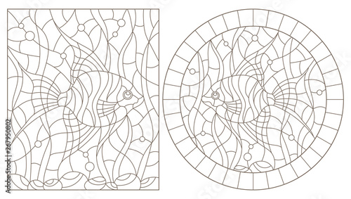 Set of contour illustrations of stained glass Windows with angelfish fishes on the background of the seabed and algae, dark contours on a white background