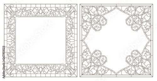 Set contour illustrations of stained glass with floral framework,dark outlines on white background