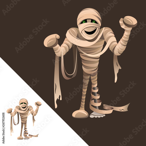 Mummy isolated on dark background. Funny cartoon character for Halloween. 
