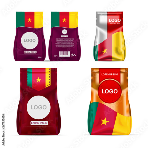 Foil food snack sachet bag packaging for coffee, salt, sugar, pepper, spices, sachet, sweets, chips, cookies colored in national flag of Cameroon. Made in Cameroon photo