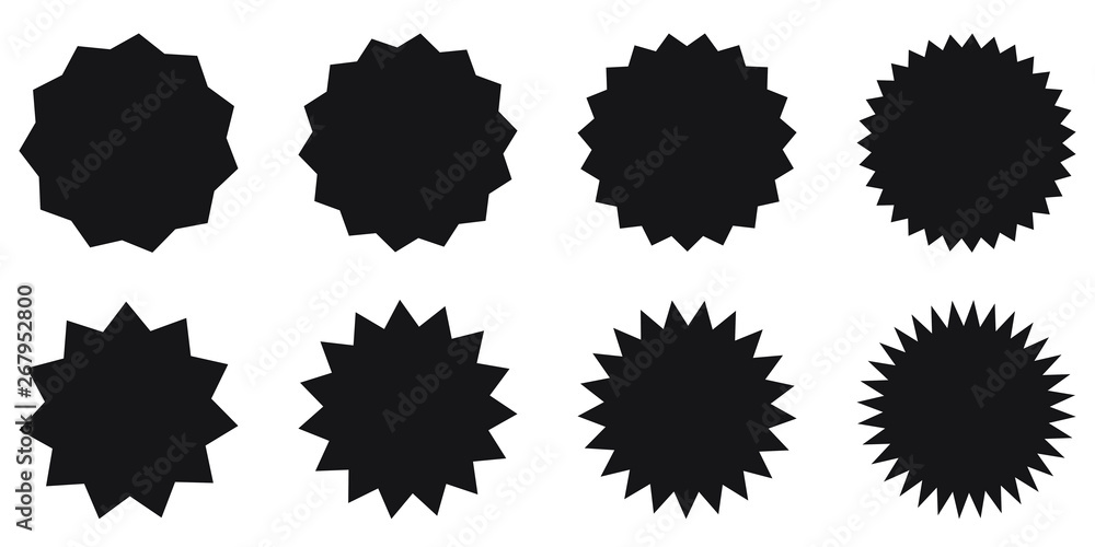 Set of vector starburst, sunburst badges. Black icons on white background. Simple flat style vintage labels, stickers. 