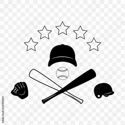 A set of baseball attributes on a transparent background. Silhouettes of icons baseball accessories. Collection of silhouettes: helmet, ball, bat, baseball cap for print, plotter, laser cutting or fo