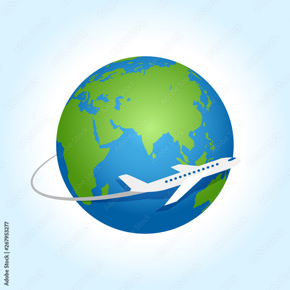 Airplane fly around the planet Earth. Vector logo icon Airplane fly around the planet Earth. Vector logo icon