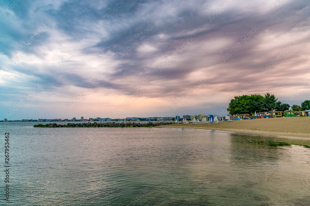 Sunrise at the beach in Sunny Beach on the Black Sea coast of Bulgaria