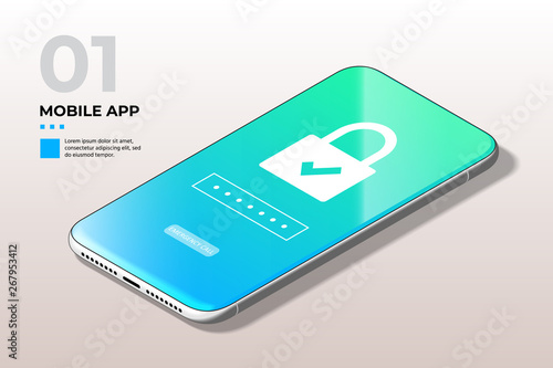 Privacy Concept. Modern Mobile Cell Phone with Lock Screen UI, UX and GUI Template in Trendy Blue, Green Gradient. Template for E-commerce, Responsive Website and Mobile Apps.