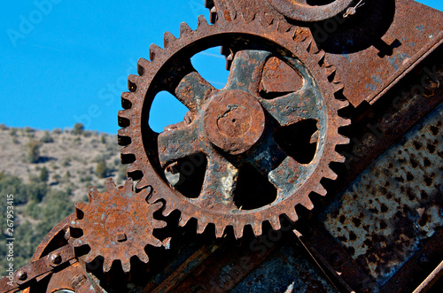 Rusted circular Spur Gear from mining equipment  from bygone era, Lee Vining, California 