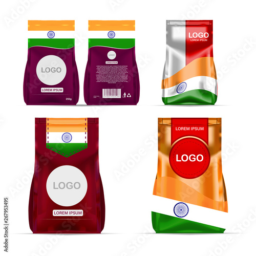 Fototapeta Naklejka Na Ścianę i Meble -  Foil food snack sachet bag packaging for coffee, salt, sugar, pepper, spices, sachet, sweets, chips, cookies colored in national flag of India. Made in India