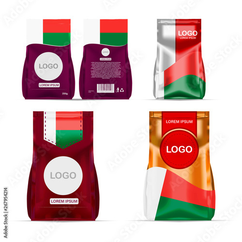 Foil food snack sachet bag packaging for coffee, salt, sugar, pepper, spices, sachet, sweets, chips, cookies colored in national flag of Madagascar. Made in Madagascar