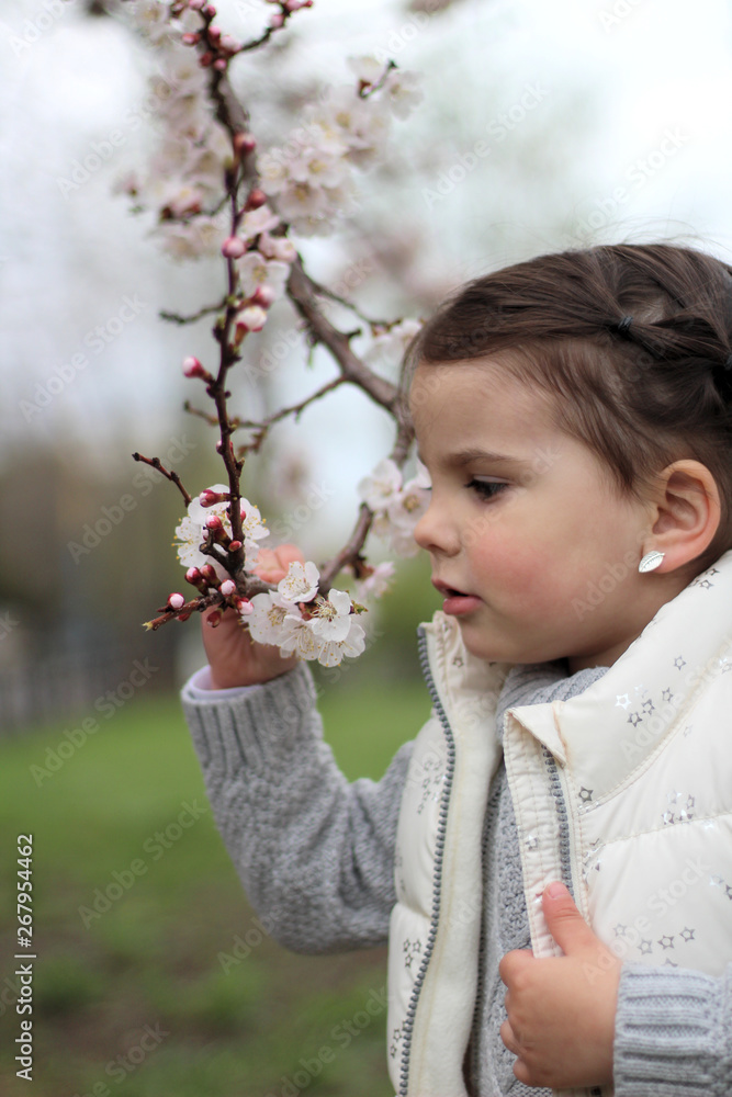 portrait of a beautiful cheerful little girl on a background of a blossoming tree portrait of a beautiful cheerful little girl on a background of a blossoming tree