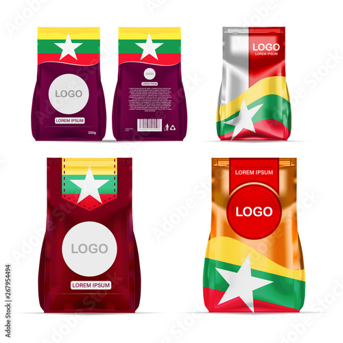 Foil food snack sachet bag packaging for coffee, salt, sugar, pepper, spices, sachet, sweets, chips, cookies colored in national flag of Myanmar. Made in Myanmar photo