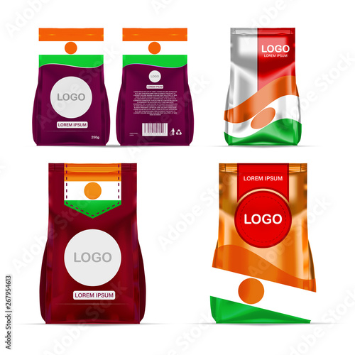 Fototapeta Naklejka Na Ścianę i Meble -  Foil food snack sachet bag packaging for coffee, salt, sugar, pepper, spices, sachet, sweets, chips, cookies colored in national flag of Niger. Made in Niger