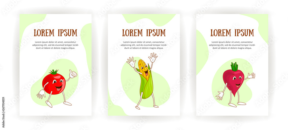 Set vertical banners cheerful emotional vegetables in cartoon style with outlines on white background. Ripe tomato, corn and beet with a smile and open arms. Vector illustration
