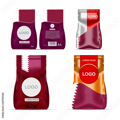 Foil food snack sachet bag packaging for coffee, salt, sugar, pepper, spices, sachet, sweets, chips, cookies colored in national flag of Qatar. Made in Qatar