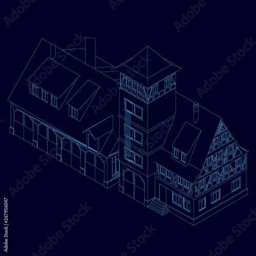 Wireframe of building of blue lines on a dark background. 3D. Isometric view. Vector illustration