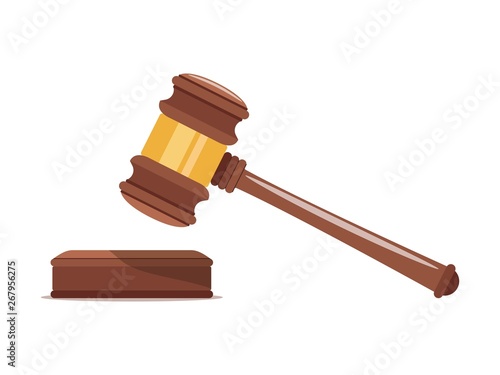 Judge wood hammer with a wooden stand. Gavel justice symbol. Template design for adjudication of sentences and bills, court, justice, auction.