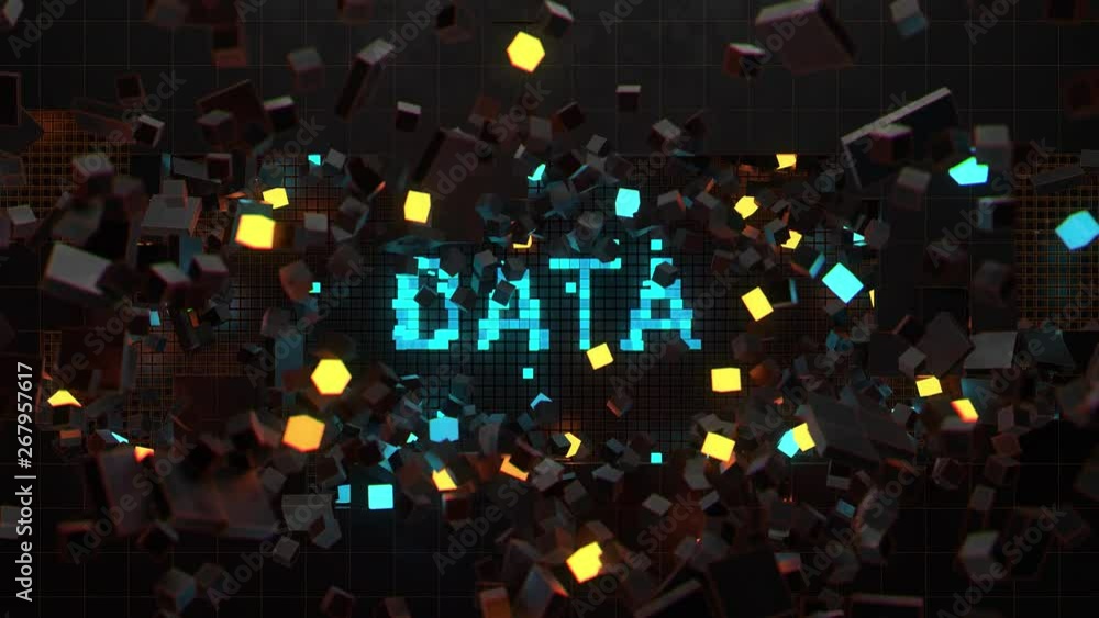 3d render of wall that breaks and show word connected with technology theme. Digital background.  