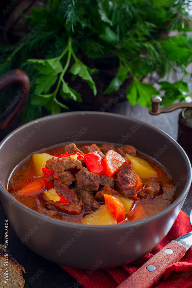 Traditional Hungarian goulash on a wooden table, selective focus Traditional Hungarian goulash on a wooden table, selective focus