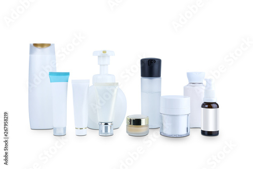 collection of various beauty cosmetic hygiene containers plastic bottle with body moisturising isolated on white background