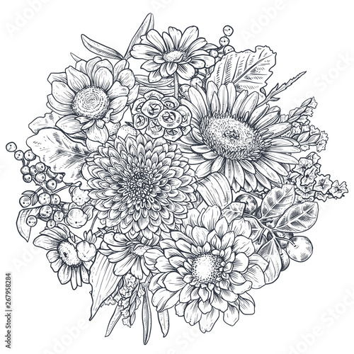 Floral composition. Bouquet with hand drawn flowers and plants.