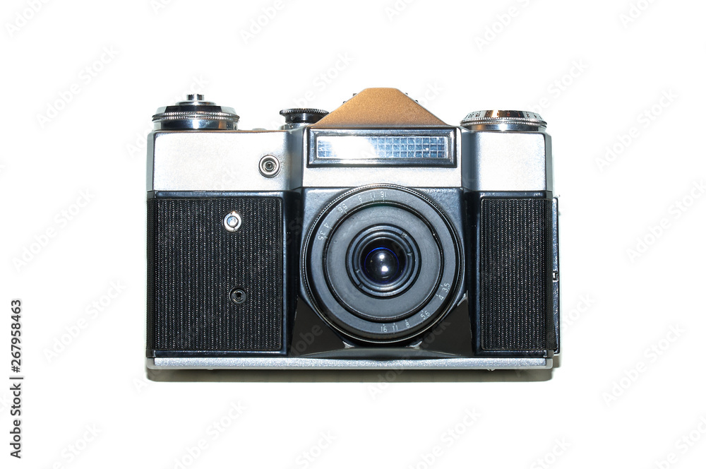 retro slr film photo camera, front view on white background. analog vintage film camera