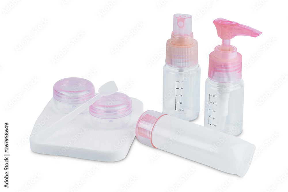 Travel set of jars for cosmetics. Shampoo, shower gel, face cream isolated on white background Travel set of jars for cosmetics. Shampoo, shower gel, face cream isolated on white background
