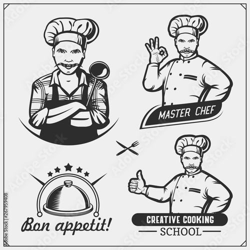 Set of cooking classes with chef cook emblems, labels and design elements. Vector vintage illustration.