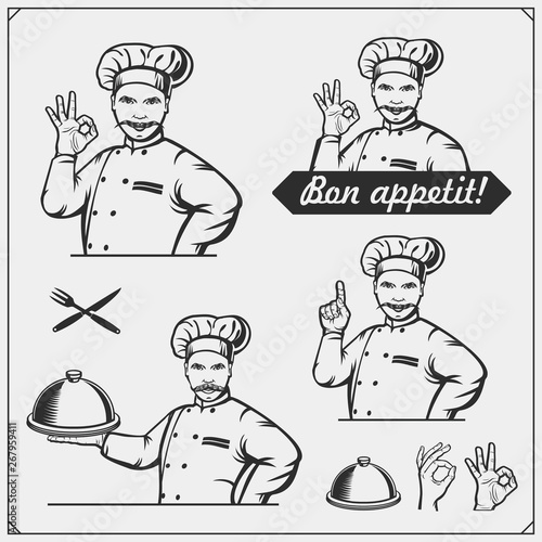 Set of cooking classes with chef cook emblems, labels and design elements. Vector vintage illustration.