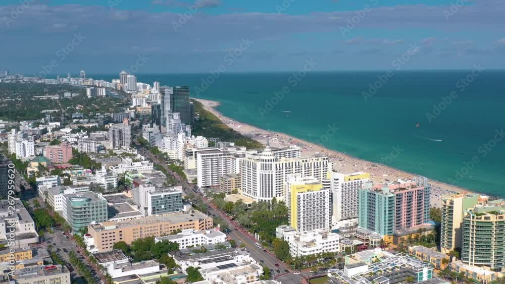 MIAMI, FLORIDA, USA - JANUARY 2019: Aerial drone panorama view flight over Miami beach city centre.